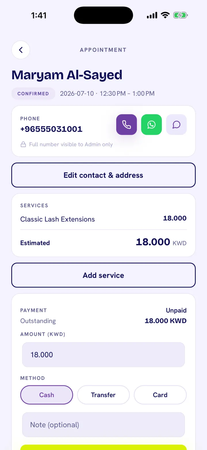Appointment detail screen with status timeline, services and payment
