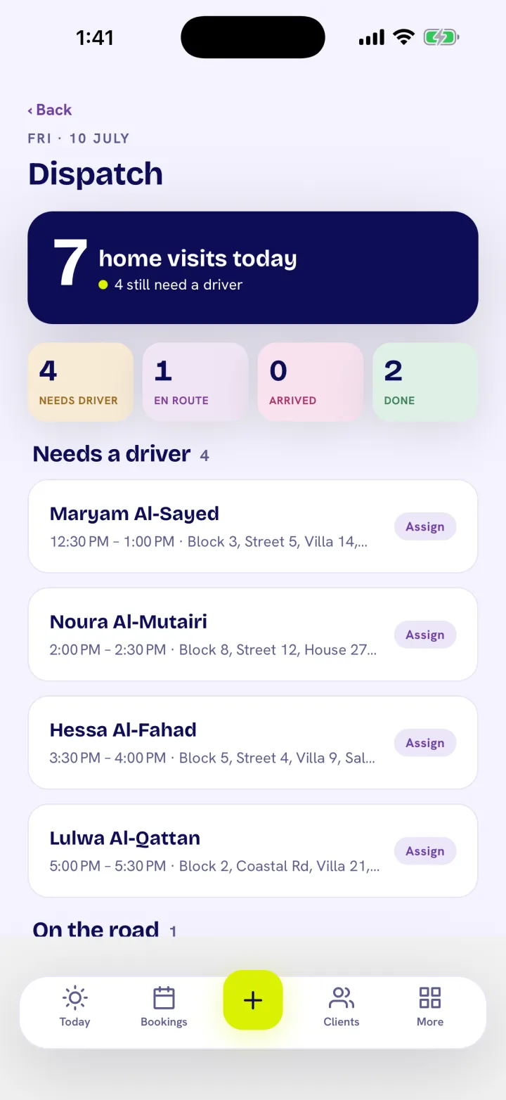 Dispatch board showing drivers and live visit tracking